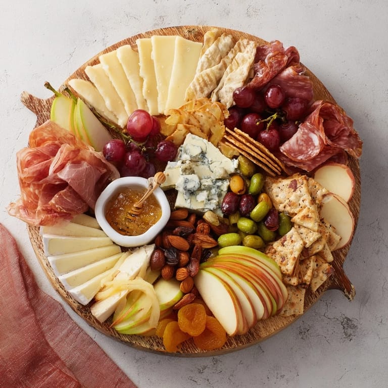 A visually stunning Elegant Gilded Edge appetizer board, featuring a vibrant border of gourmet ingredients.