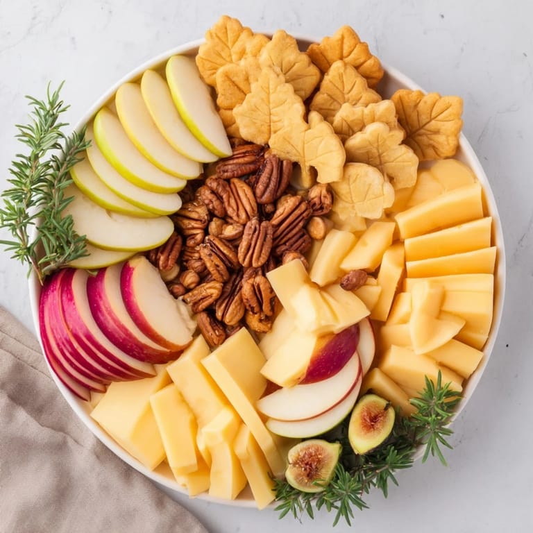 Beautiful Thanksgiving Leaf Fall snack board with leaf-shaped cheeses, crackers, and dried fruits for a festive gathering.