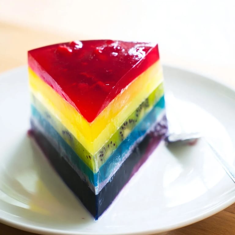 Delectable The Kaleidoscope dessert: colorful slices with a creamy finish, perfect for a special treat.