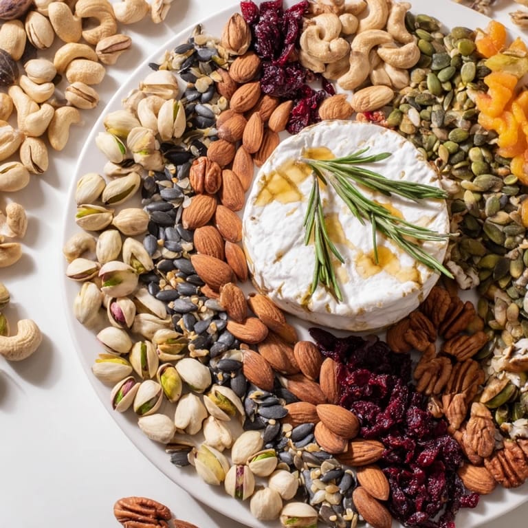 A beautiful grazing board showcasing The Labyrinth, a visually stunning nut and seed appetizer, ready to serve.