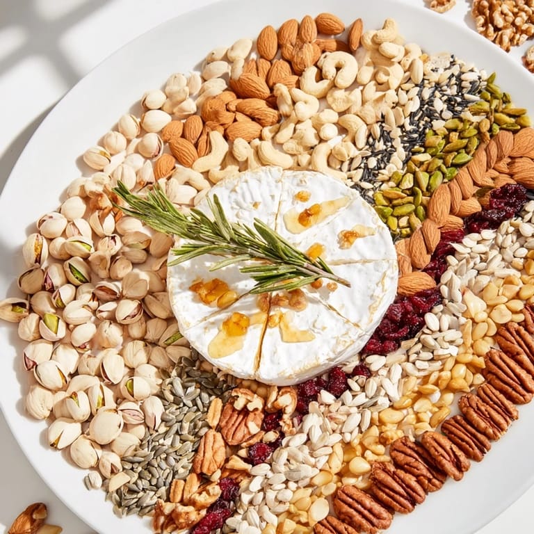 Imagine The Labyrinth appetizer: a vibrant, colorful nut and seed "maze" surrounding a rich cheese wheel.