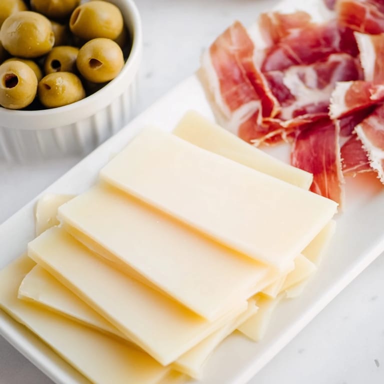 A beautiful Minimalism Master cheese board showcases the flavors; aged Comté, jamón, and plump green olives.