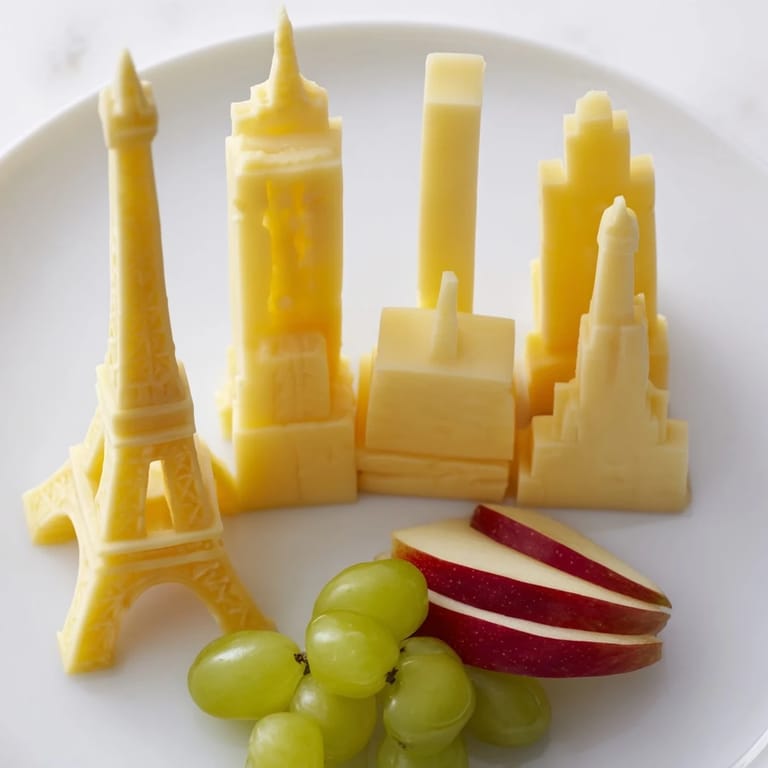 Enjoy a delicious Skyline Silhouette cheese arrangement, showcasing cheese buildings with grapes and apples.