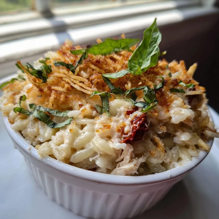 These creamy baked Marry Me Chicken Sushi Bake Cups showcase orzo and shredded chicken with melted cheese.