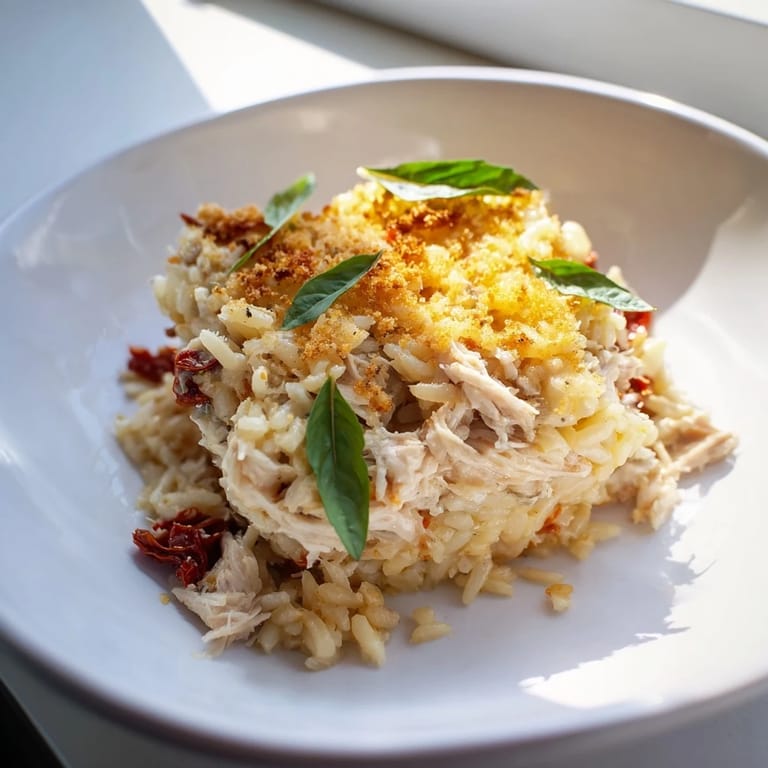 A close-up of a delightful plateful of Marry Me Chicken Sushi Bake Cups with a fresh basil garnish.