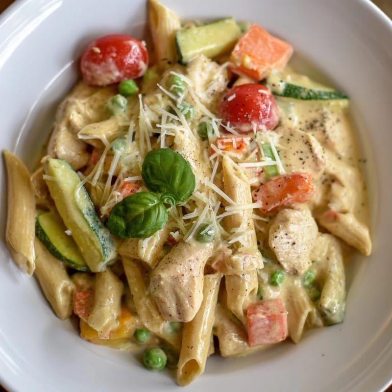 Creamy The Last Bite Chicken Pasta, with melted cheese and fresh basil, a comforting dinner for you.