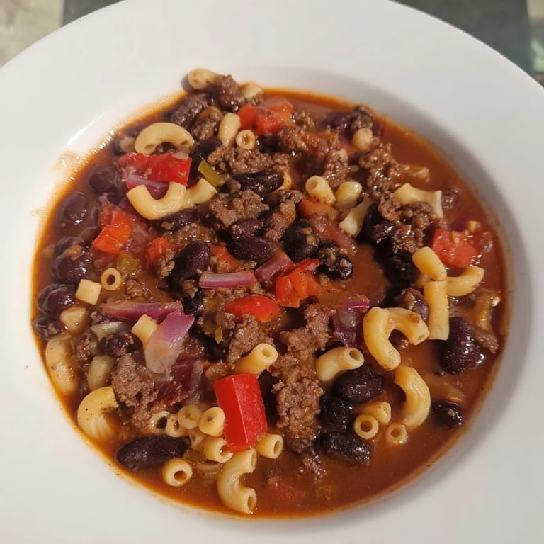 A steaming bowl of flavorful Ditalini with Hot Cocoa Chili with beans, beef, and perfectly cooked pasta.