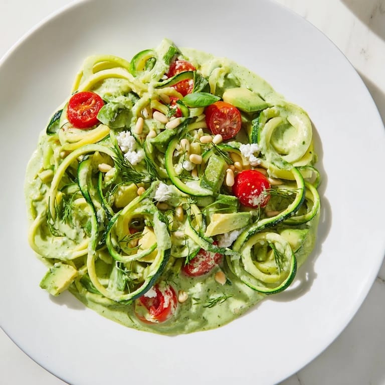 Creamy Green Goddess Zoodle Pasta, a healthy and colorful low-carb meal, with bright cherry tomatoes.
