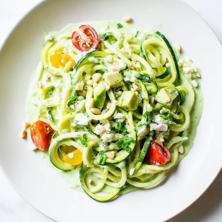 Freshly tossed Green Goddess Zoodle Pasta, featuring zucchini noodles and a herb-infused sauce, ready to serve.