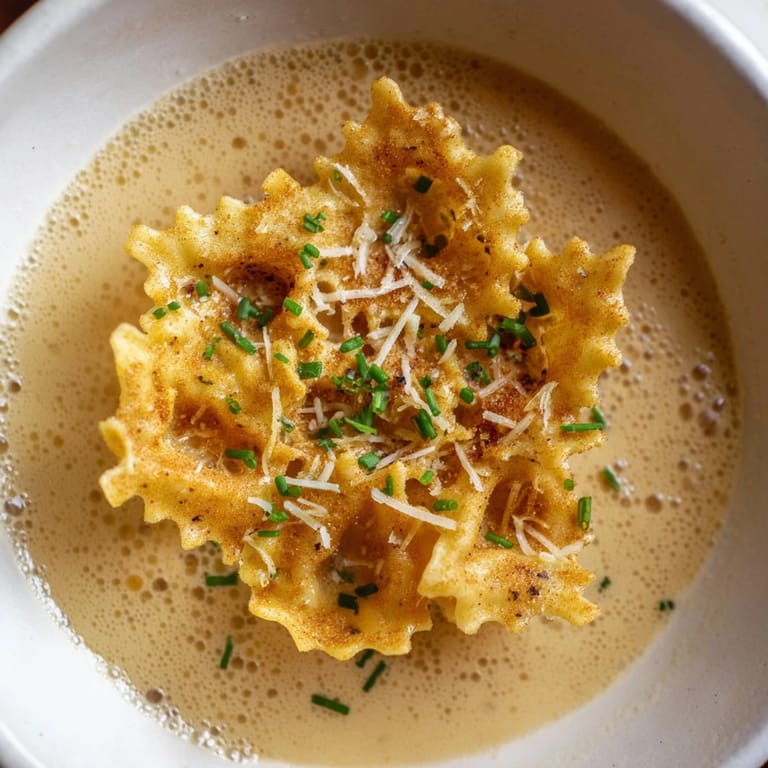 Savory and unconventional: mini pasta chips soaking in a Parmesan broth, creating a unique Pasta Chip Cereal.