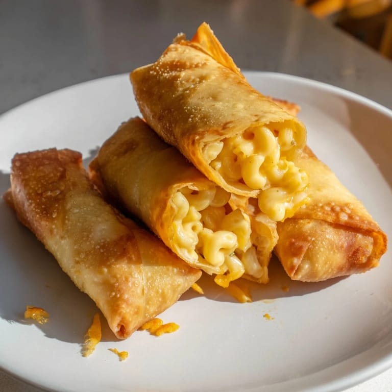 A close-up of air-fried Tinis Mac and Cheese Lumpia Rolls, showing the satisfyingly crunchy exterior.