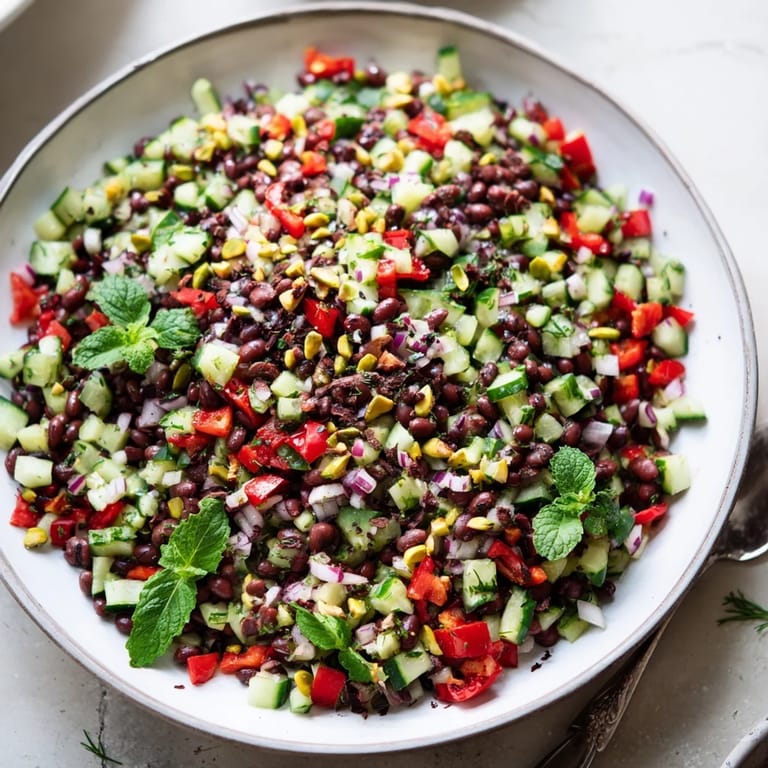 Top-down view of the colorful Dense Bean Salad with Dubai Chocolate Notes, showcasing a mix of textures.