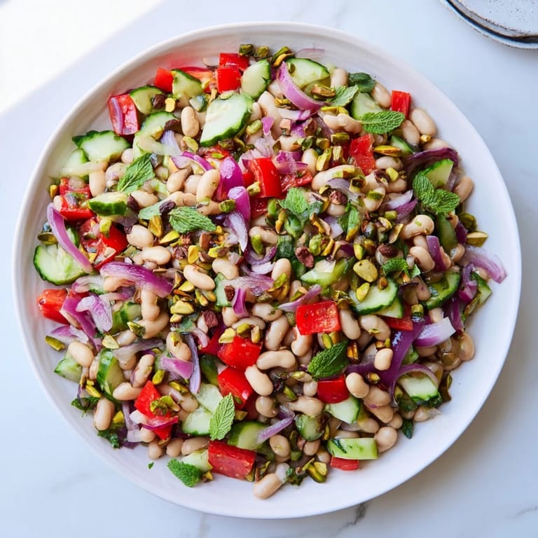 This chilled, delicious Dense Bean Salad with Dubai Chocolate Notes features pistachios and cacao nibs.