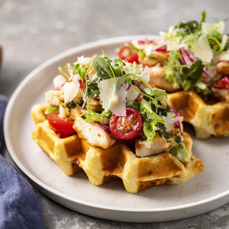 This close-up shows a Chicken Caesar Waffle Sandwich, overflowing with fresh salad and sliced chicken.