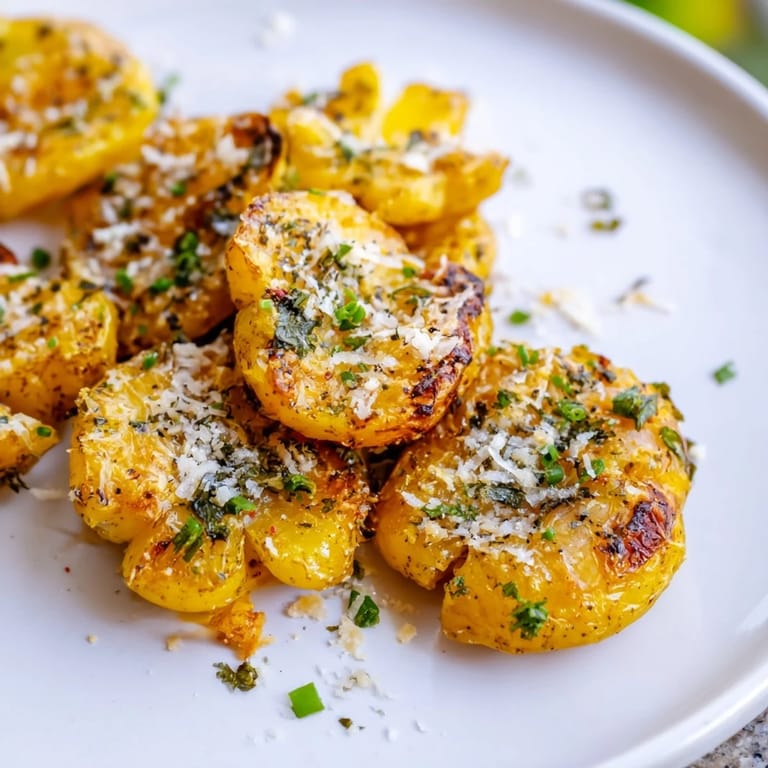 Close-up of baked Parmesan smashed potatoes, showing fluffy insides and crispy Parmesan crust.