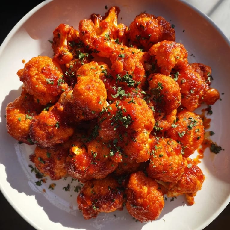 A close-up of vibrant Sriracha-Buffalo Cauliflower Bites ready to be served as a tasty appetizer.