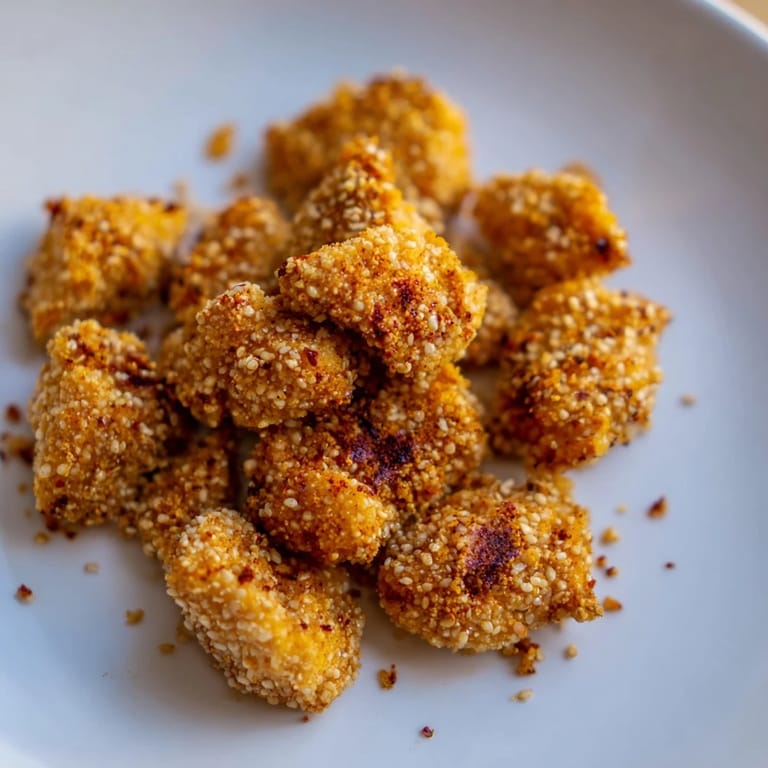 Close-up of baked Spicy Yogurt Chicken Bites, showcasing a lovely golden, crunchy exterior texture.