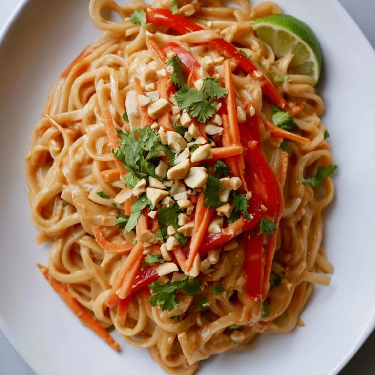 Quick and easy recipe for savory spicy peanut noodles, perfect for a weeknight dinner with friends.