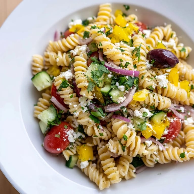 Close-up of a colorful Lemon Pasta Salad, perfect for summer meals, with tomatoes and feta cheese.