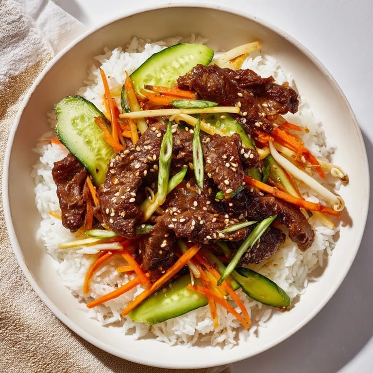 A steaming Bulgogi Beef Bowl featuring tender beef, stir-fried with sesame, served over fluffy white rice.