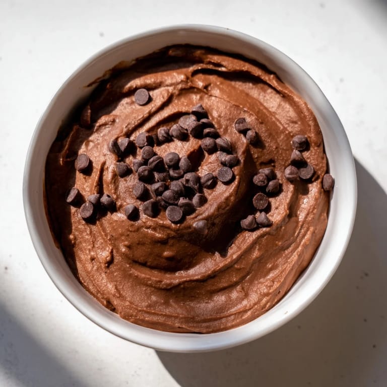 A bowl of rich, dark chocolate hummus, ready to be scooped with your favorite fruit or snack.