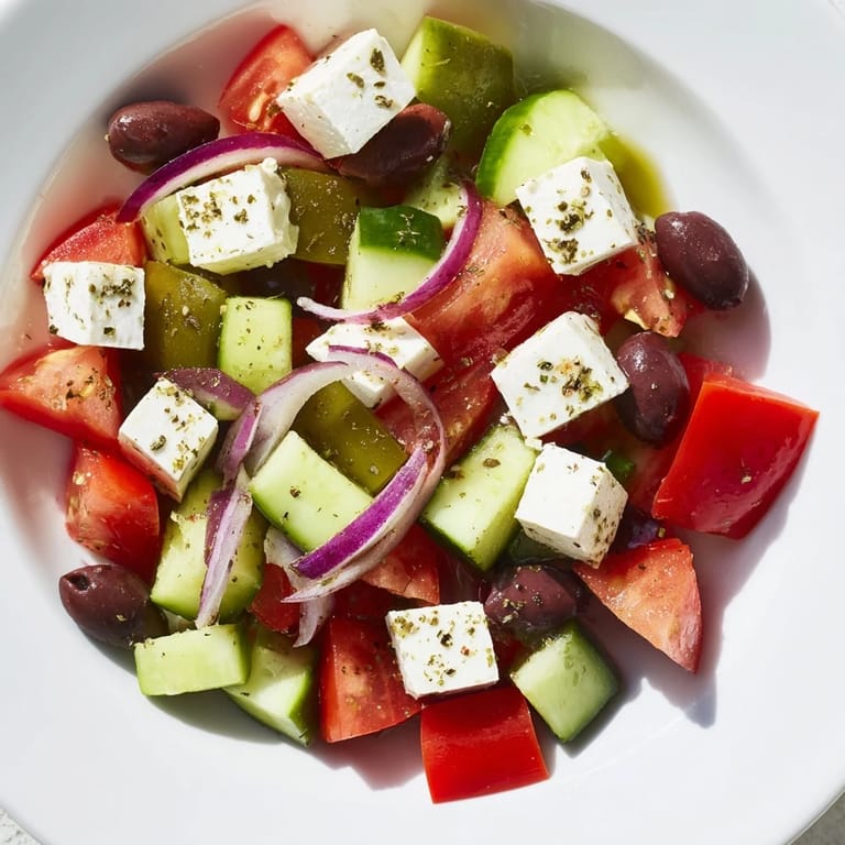 Freshly assembled Mediterranean Salad, a vibrant dish featuring savory olives and crisp red onion.