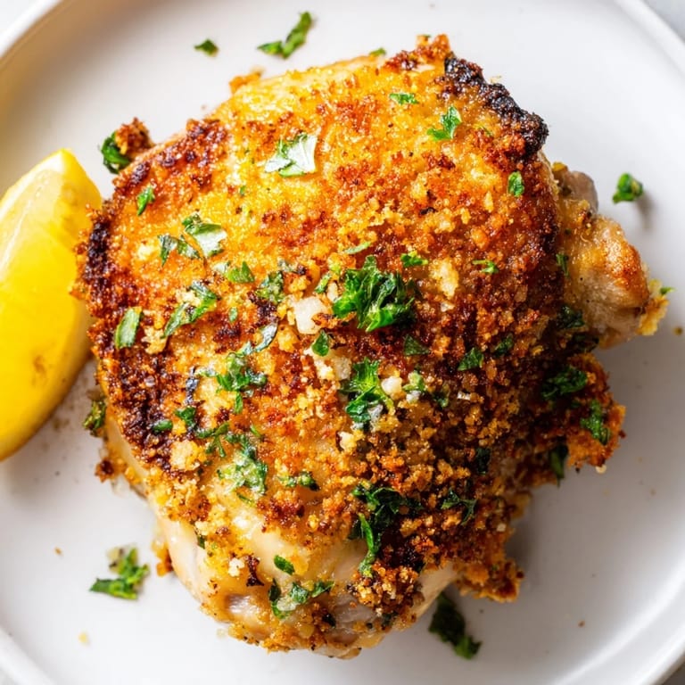 Aged, sizzling Crispy Garlic Chicken Thighs with a crisp exterior, juicy meat and garlic aroma.