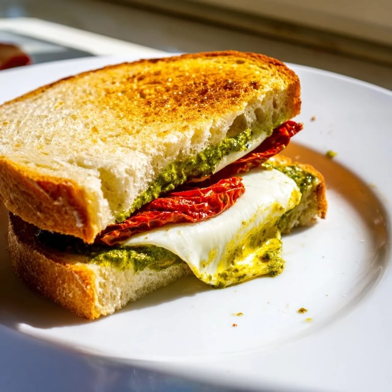 Close-up photo of a Pesto Grilled Cheese, featuring melted cheese and sun-dried tomatoes inside.