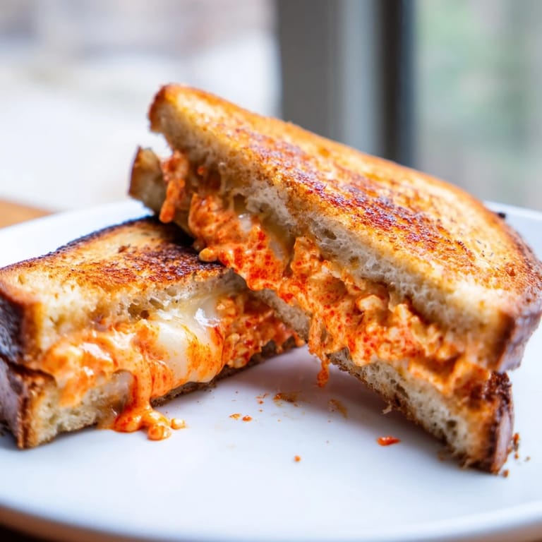 Savory spiked grilled cheese, served warm and ready to eat, with a kick of sriracha in every bite.