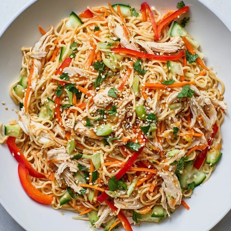 A bowl overflowing with this Chilled Chicken Noodle Salad, featuring vibrant toppings and toasted sesame seeds.