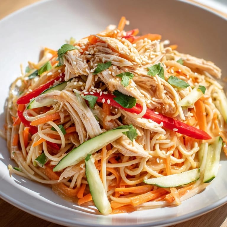 Close-up of a chilled Chilled Chicken Noodle Salad, highlighting the fresh ingredients and zesty flavors.