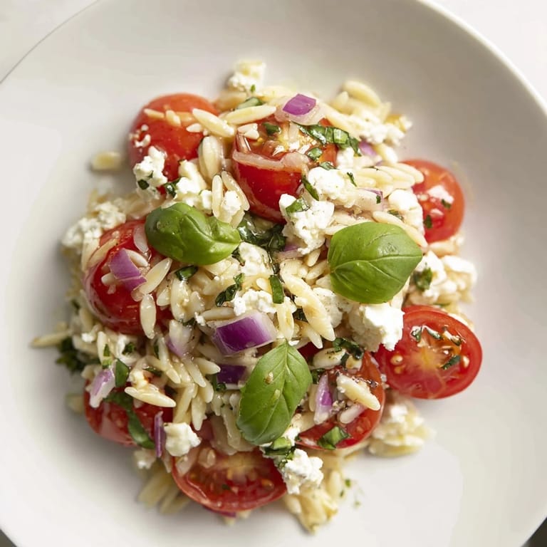 Close-up of creamy feta cheese and juicy tomatoes in a beautiful bowl of Tomato Feta Orzo.
