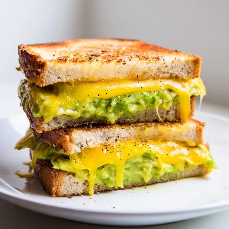 Freshly made Avocado Toast Grilled Cheese, showcasing a gooey cheese pull with golden, crispy bread on the plate.