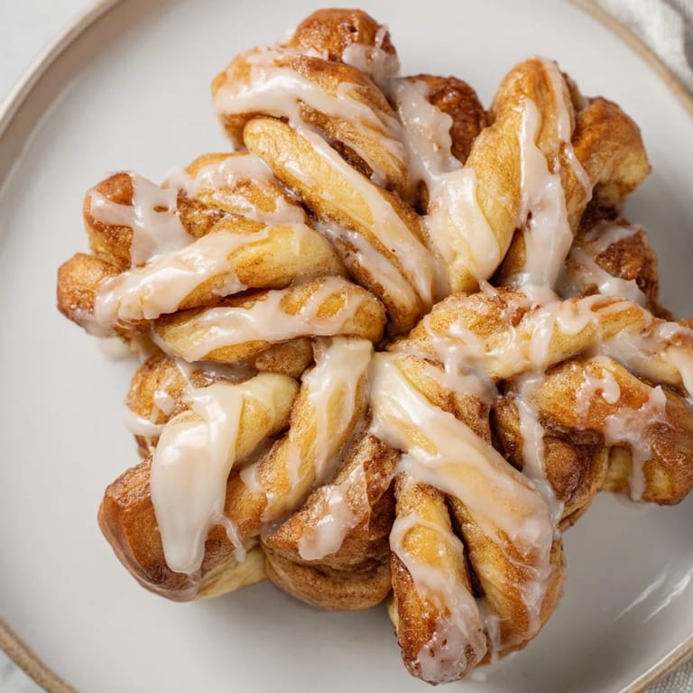 Warm, shareable pull-apart cinnamon roll snowflake with glistening icing, ready to be enjoyed.