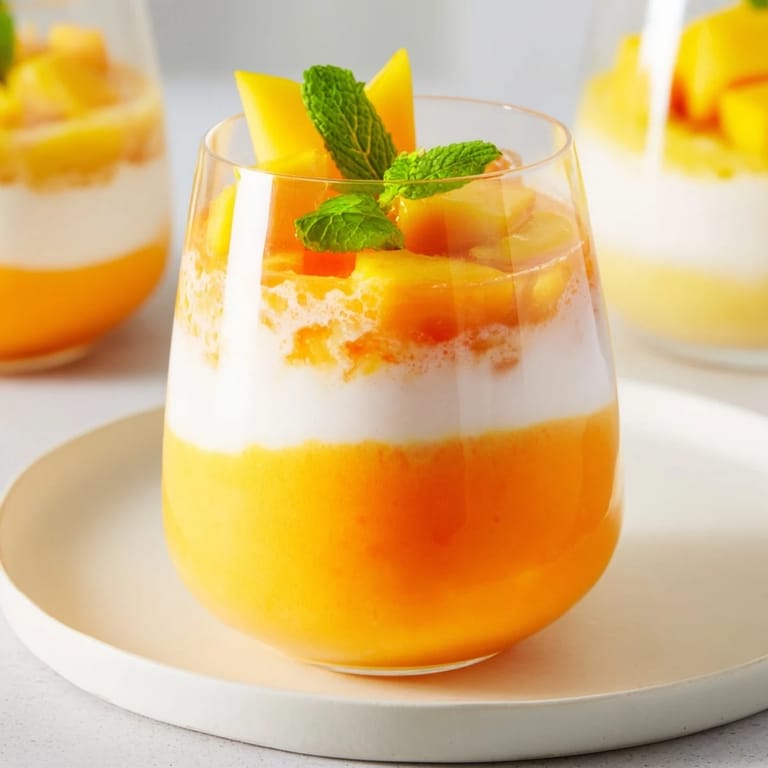 Bright, eye-catching photo shows a cool layered Tropical Sunset Smoothie, perfect for a summer breakfast.