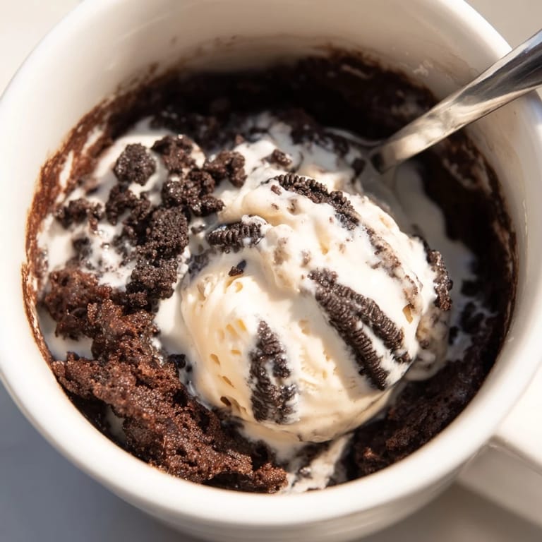 Steaming-hot Oreo mug cake, with melted chocolate chips, a perfect single-serve treat.