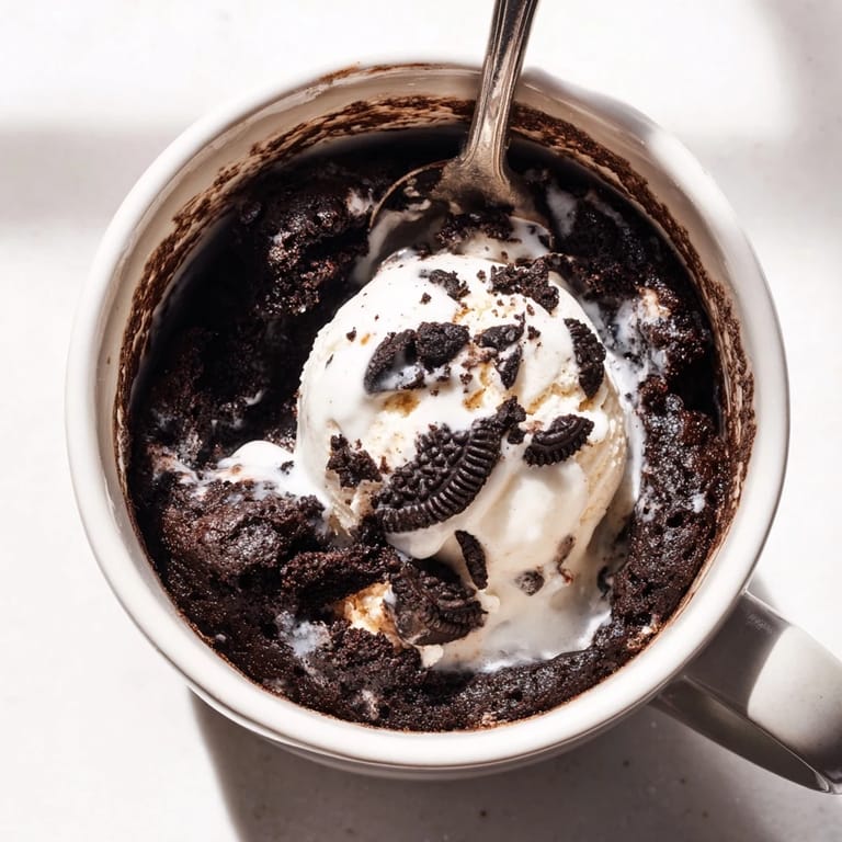 Homemade Oreo mug cake, rich and fudgy, is great with a dollop of whipped cream on top.