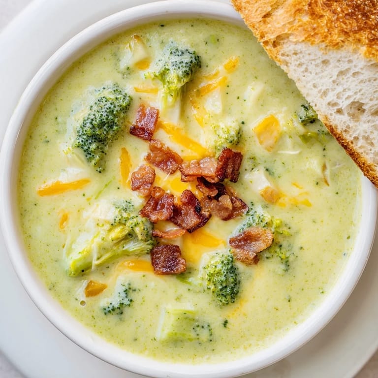 A steaming bowl of broccoli cheddar soup with toasted bread, perfect for a chilly evening.