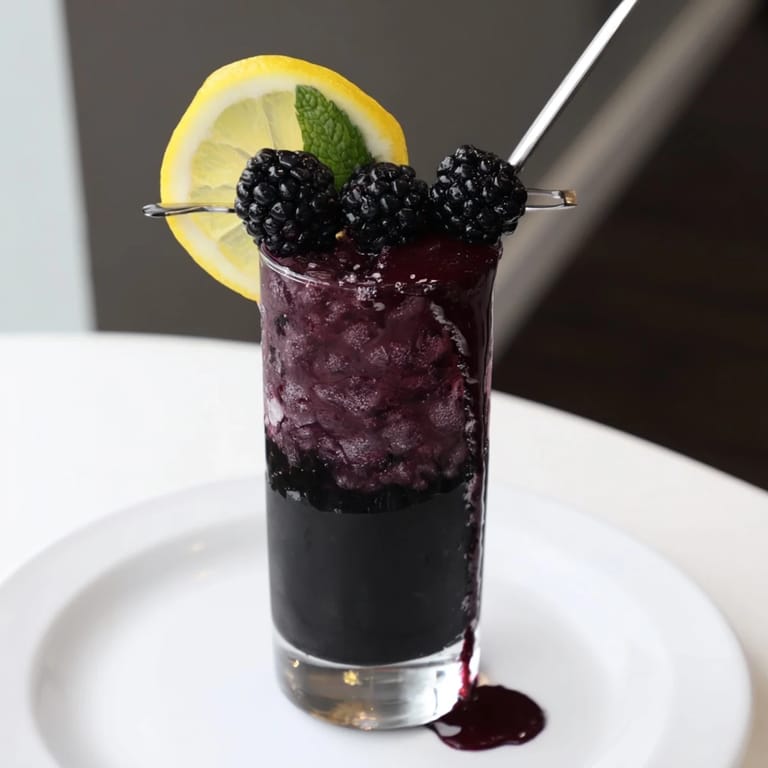 Dramatic view of a Dark Matter Mocktail, a vegan and refreshing drink with citrus garnishes.
