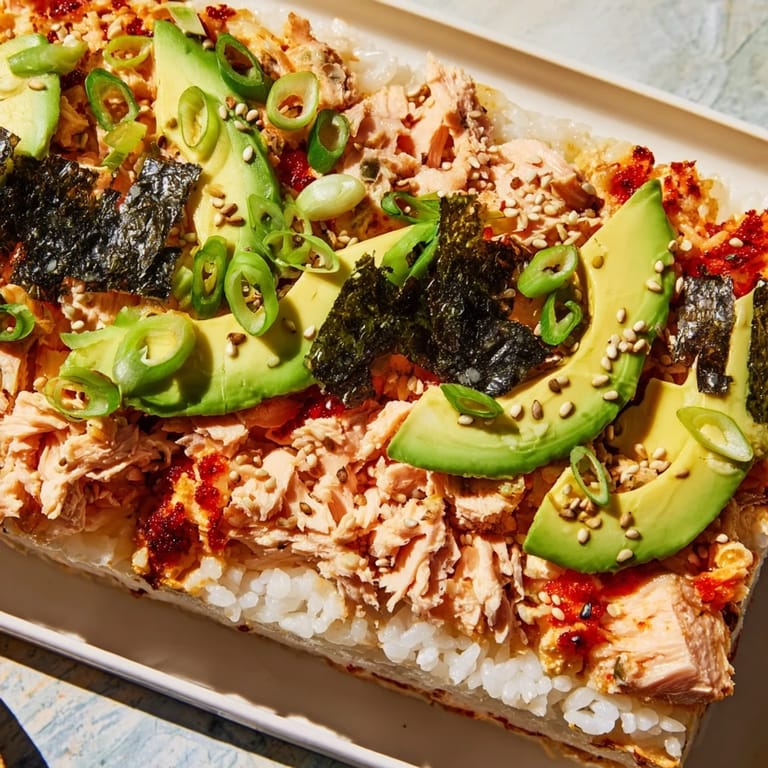 A comforting casserole dish of Sushi Bake, layered with salmon, creamy avocado, and nori.