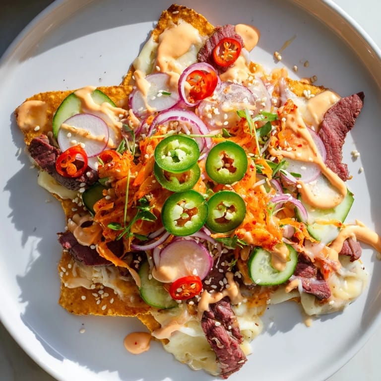 Golden, bubbly Korean BBQ Nachos overflowing with flavorful beef, vegetables, and a creamy cheese blend.