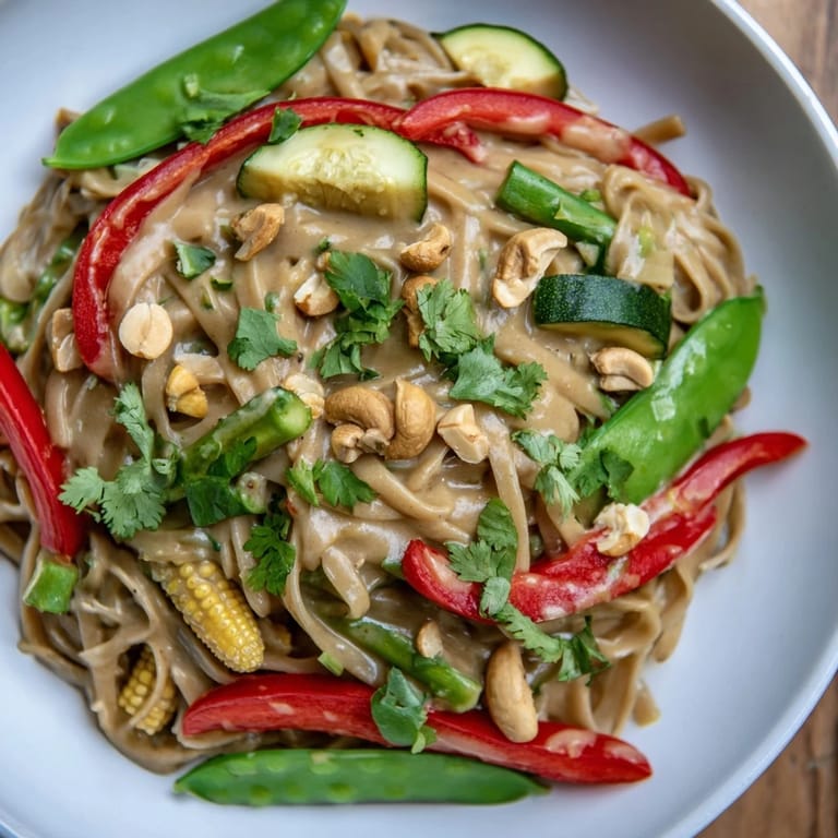 A steamy bowl of Thai Curry Pasta, with vibrant green sauce and bits of red pepper.