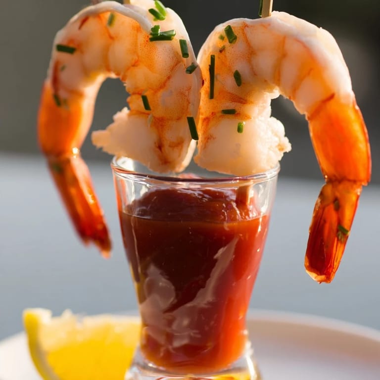 Classic appetizer: Refreshing Retro Prawn Cocktail Shooters, showcasing plump prawns and a tangy, chilled sauce.