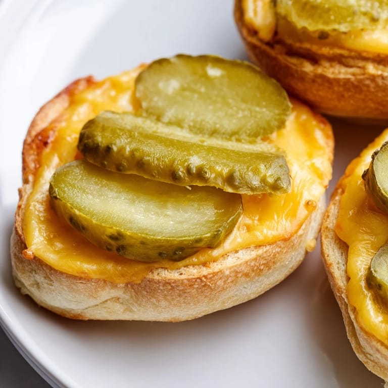 Crispy bite of a homemade Pickle Bread Sandwich, a low-carb lunch with melted cheese.