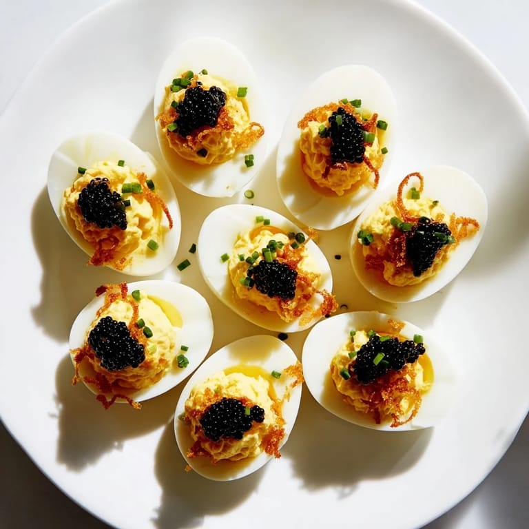 Creamy deviled eggs, showcasing a luxurious caviar topping and golden crispy shallots for serving.