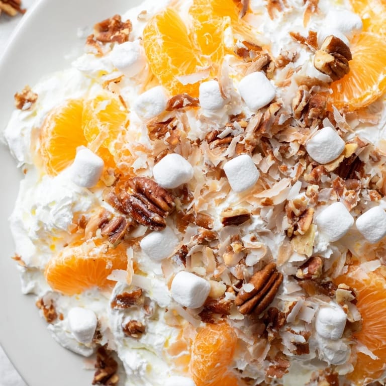 Vibrant mandarin oranges and fluffy marshmallows star in this delicious Elevated Ambrosia Salad dessert picture.