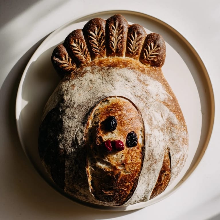 Artisan turkey sourdough loaf with intricate feather scoring and olive eyes, served warm with butter on a rustic board.  