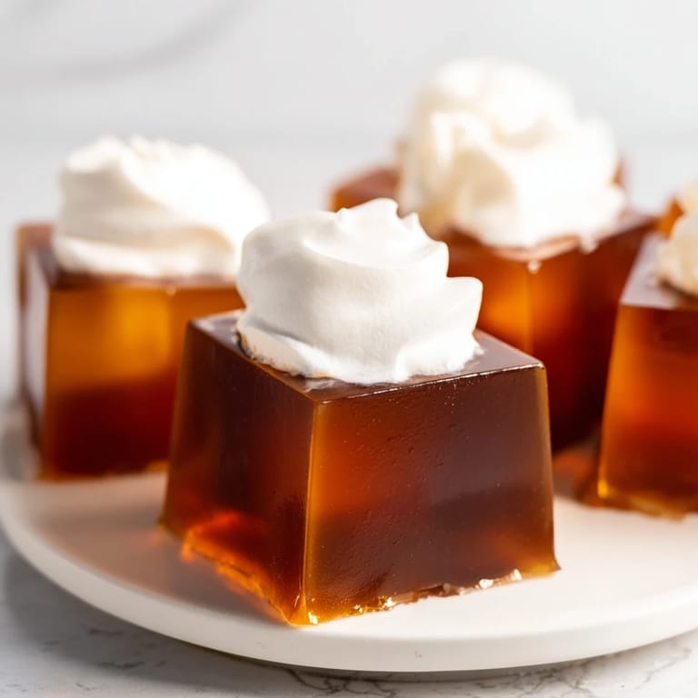 Chilled coffee jelly dessert with glossy cubes and creamy topping, perfect for a light and elegant coffee-flavored treat.