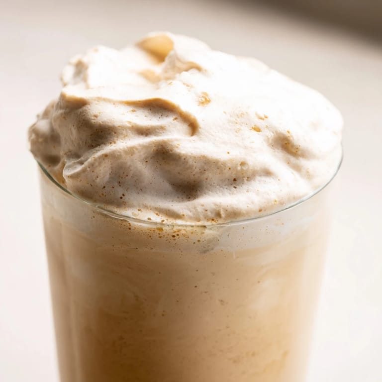 Stiff peaks of whipped Dalgona coffee sit on a glass of milk, perfect for stirring into a rich, caffeinated drink.