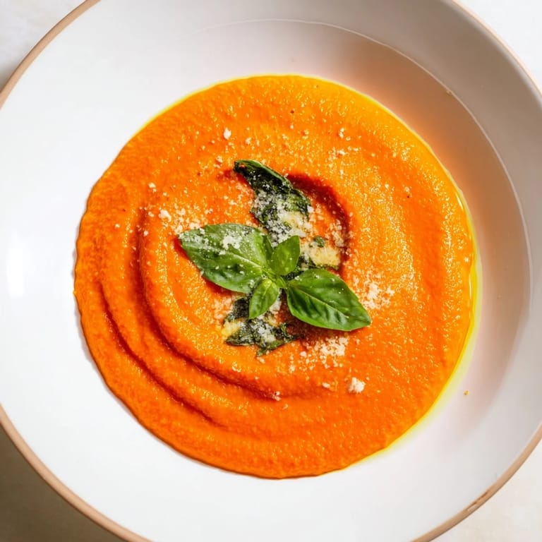 A spoon dips into creamy Hidden Veggie Tomato Pasta Sauce, garnished with fresh basil, ready to toss with steaming spaghetti for dinner.